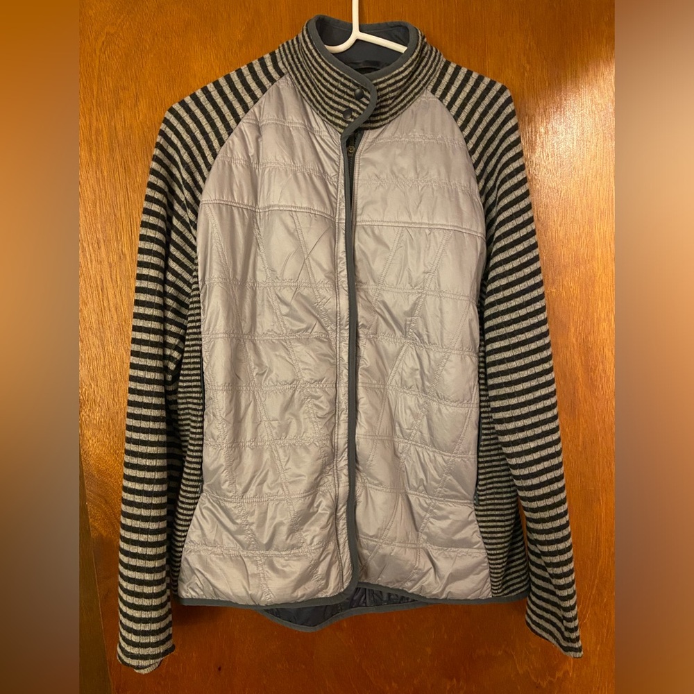 Title Nine Women’s Gray Quilted Front Jacket with Black & Gray Striped Sleeves